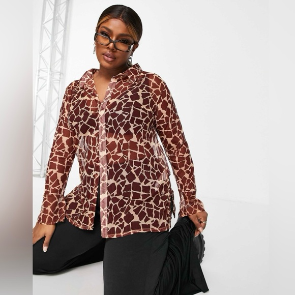 Labelrail X Francesca Perks New Giraffe Print Mesh Top Women’s Button Up Size 20 - Picture 13 of 13